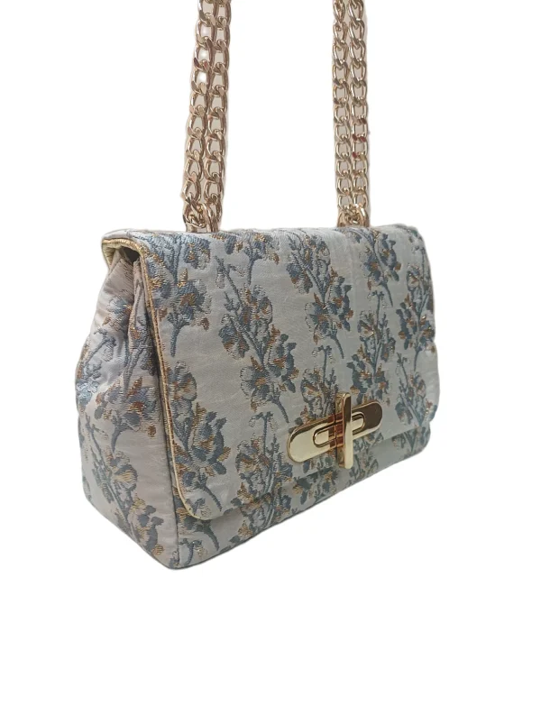 Bolso Venecia Tejido Flores Azul Y Oro 2